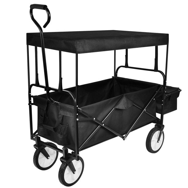 Vinmall Heavy Duty Folding Portable Hand Cart with Removable Canopy, 8'' Wheels, Adjustable Handles and Double Fabric for Shopping, Picnic, Beach, Camping