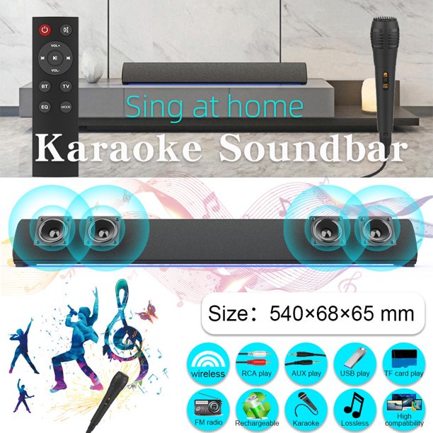 Doosl Sound Bar, Bluetooth TV Speaker with Karaoke Microphone & Remote, 4 Built-in Subwoofers, TF Play, FM Radio, Rechargeable, 20W Wireless Soundbar for TV Home