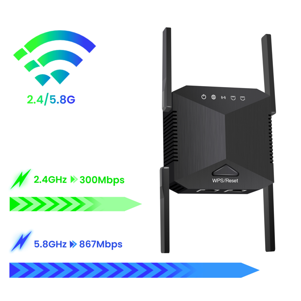 WiFi Range Extender, 1200 Mbps Signal Booster for Home, 4 Antennas Dual Band Repeater, Supports Ethernet Port, Black