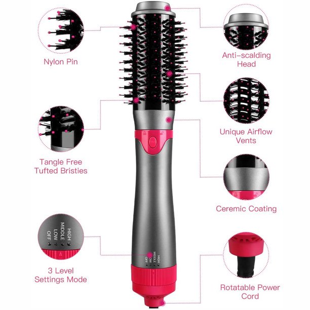 3 in 1 Hair Dryer Brush & Straightener Brush, Professional 1200W Powerful Ceramic Tourmaline Ionic Hot Air Brush, 3 Heat/2 Speed Settings One Step Hair Dryer and Styler for All Hair Types