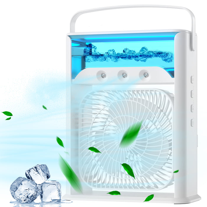 Portable Air Conditioner Fan,Mini Quiet USB Desk Fan, Evaporative Air Cooler with Handle, 3 Speeds Strong Wind, 3 Spray Modes, 7 Colors LED Light for Office, Home, Dorm, Outdoor