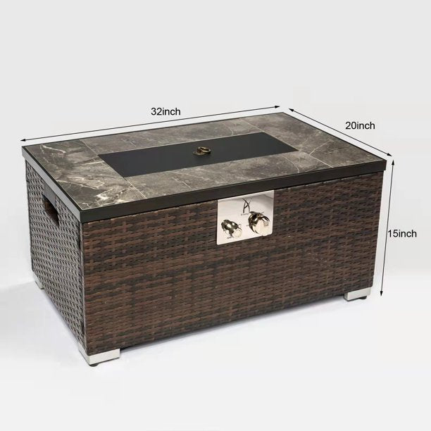 32" X 20" Propane Fire Pit Table, 50,000 BTU Rattan Gas Fire Table with Tile Tabletop for Outdoor Patio and Garden, Brown