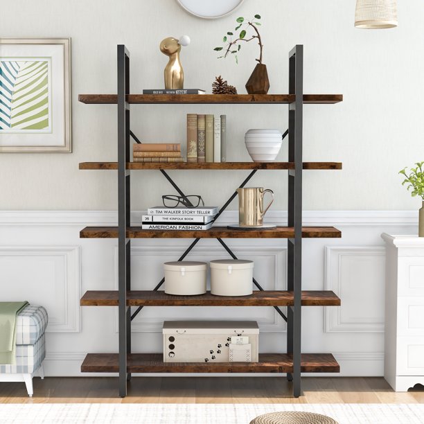 Vinmall 5 Tiers Industrial Bookcase with Rustic Wood and Metal Frame, Large Open Bookshelf for Living Room , Distressed Brown