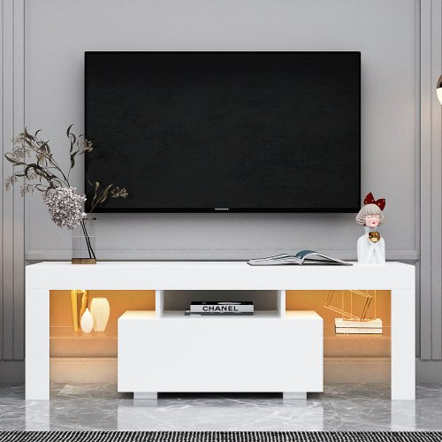 Entertainment TV Stand, Large TV Stand TV Base Stand with LED Light TV Cabinet-White