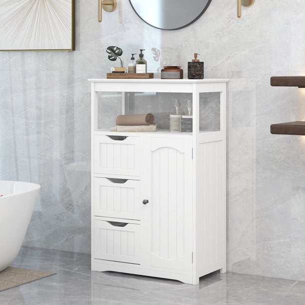 Vinmall White Bathroom Cabinet, Freestanding Multi-Functional Storage Cabinet with Door and 3 Drawers, MDF Board with Painted Finish