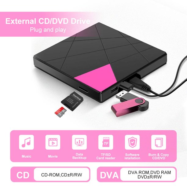 Doosl External CD DVD Drive, USB 3.0&USB-C Slim Portable CD/DVD +/- RW Burner Player Writer Support SD/TF Card and 2 USB 3.0 Ports for Mac OS Windows MacBook Laptop Desktop, Pink and Black