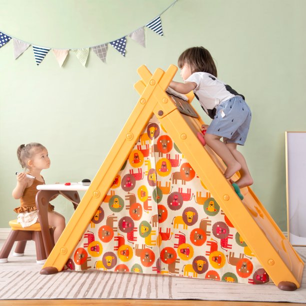 Kids Play Tent - 4 in 1 Teepee Tent with Stool and Climber, Foldable Playhouse Tent for Boys & Girls, Orange