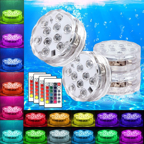 QD 4 Pack Swimming Pool Lights for Bathtub Fountain Hot Tub Waterproof Pond Light with Remote Home Party Vase Fish Tank Halloween Decor RGB Underwater Submersible LED Lights