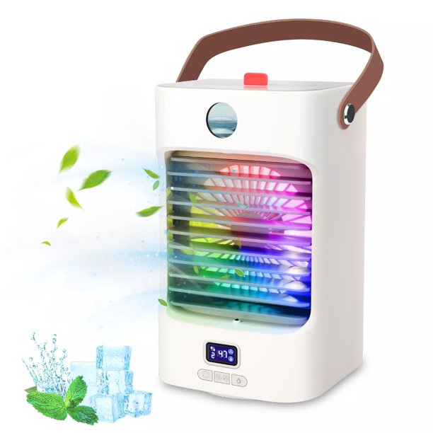 Portable Air Conditioner, Rechargeable Mini Evaporative Desk Cooler Fan with Auto-Rotating 7-Color LED Light for Home Office Outdoor Campaign