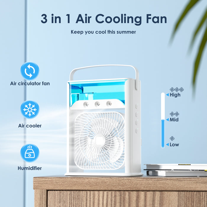 Portable Air Conditioner Fan,Mini Quiet USB Desk Fan, Evaporative Air Cooler with Handle, 3 Speeds Strong Wind, 3 Spray Modes, 7 Colors LED Light for Office, Home, Dorm, Outdoor