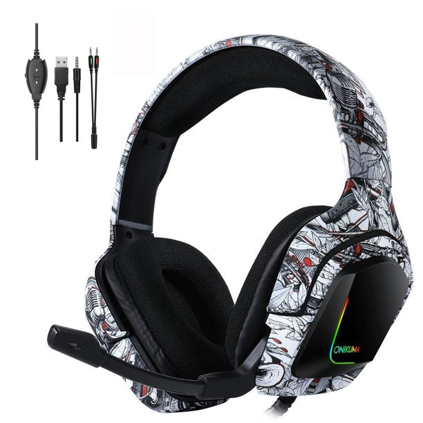 Gaming Headset, ONIKUMA K20 Stereo Bass Surround RGB Noise Cancelling over Ear Gaming Headphones with Microphone, LED Light, for Xbox One Nintendo Switch PC PS3 PS4