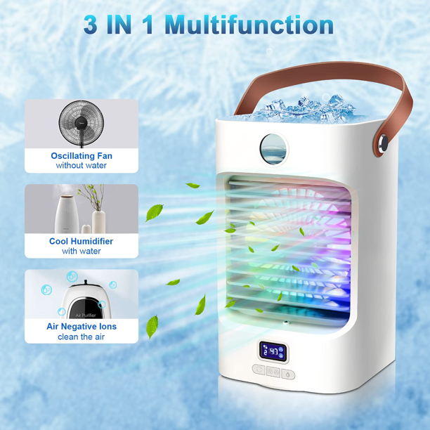 Evaporative Air Cooler, 120°Oscillation Swamp Cooler, 3 Speed Cooling Fan & Portable Humidifier, with Handle 7 Colors LED Atmosphere Light for Room, Office, Bedroom,Camping