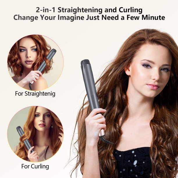 Hair Straightener and Curler, 2 in 1 Straightener and Curling Iron, Tourmaline Ceramic Twisted Flat Iron with LCD Display and Rotating Adjustable Temperature for Hair Styling