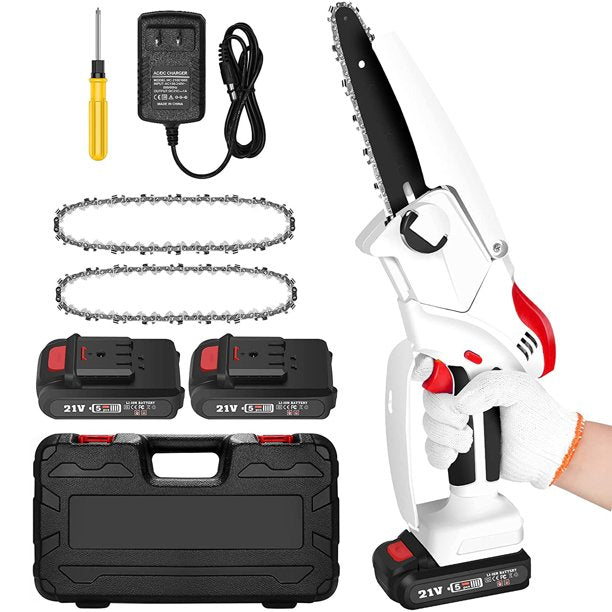 Mini Chainsaw 15-Inch with 2 Battery, Cordless power chain saws with Security Lock, Handheld Small Chainsaw for Wood Cutting Tree Trimming - White