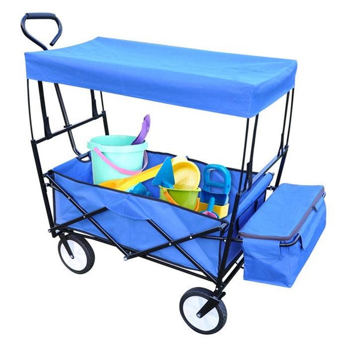 JoRocks Collapsible Wagon Folding Cart with Canopy, Beach Garden Outdoor Sport Utility Cart Wheels Adjustable Handle Rear Storage