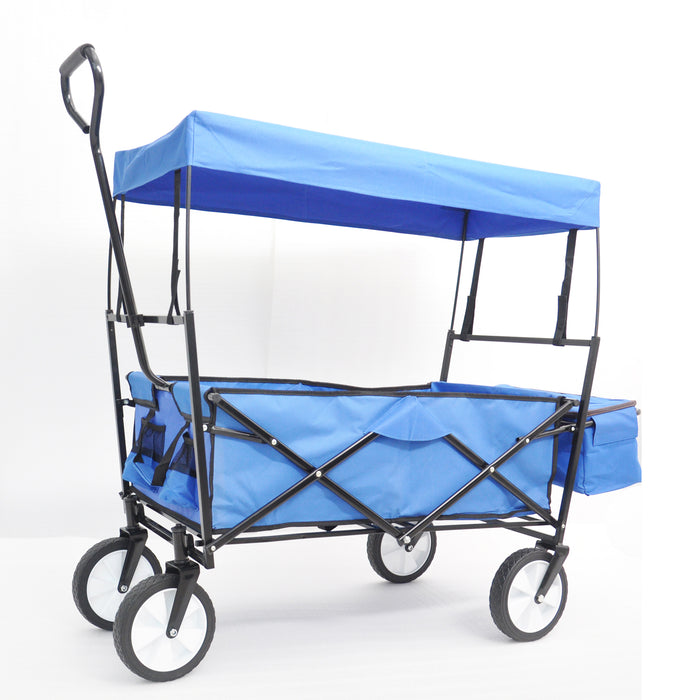 JoRocks Collapsible Wagon Folding Cart with Canopy, Beach Garden Outdoor Sport Utility Cart Wheels Adjustable Handle Rear Storage