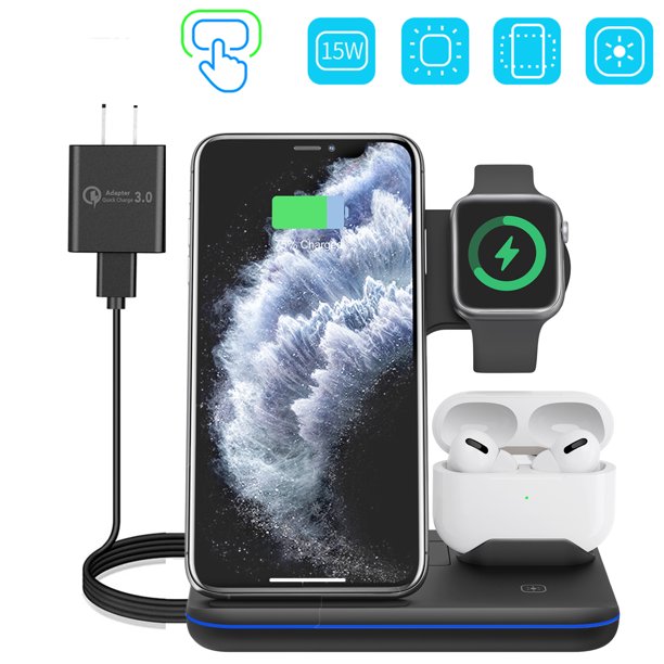 Wireless Charger, 3 in 1 Qi-Certified 15W Fast Charging Station/ Stand, Compatible for iPhone 12/11/Pro/Max/XS/Max/XR/XS/X, iWatch 6/SE/5/4/3/2, Airpods Pro/3/2/Samsung, Black