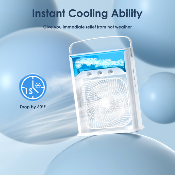 Portable Air Conditioner Fan,Mini Quiet USB Desk Fan, Evaporative Air Cooler with Handle, 3 Speeds Strong Wind, 3 Spray Modes, 7 Colors LED Light for Office, Home, Dorm, Outdoor