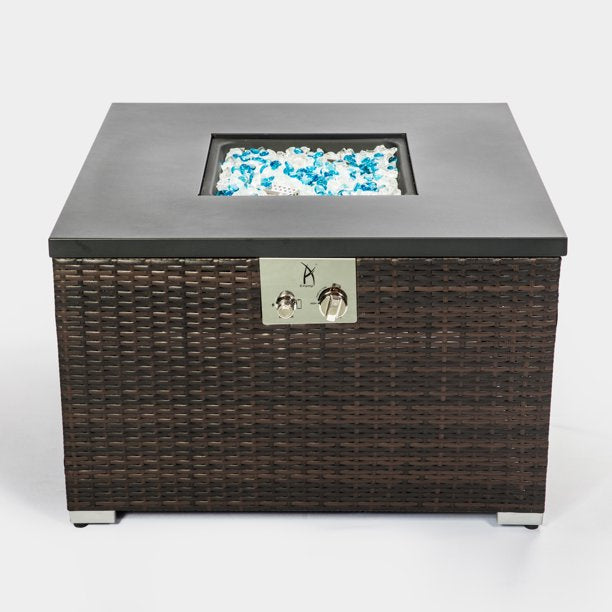 32 in Outdoor Gas Fire Pit Table, Square Wicker Propane Fire Pit Table with Glass Rocks, Brown