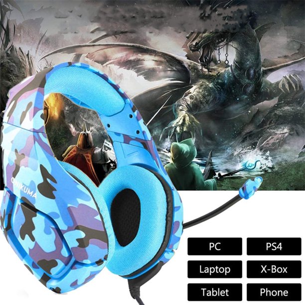 Gaming Headset for PS4 New Xbox One PC Mac Laptop, Professional Over Ear Wired Gaming Headphones with Microphone Noise Reduction Deep Bass Surround Sound, Camouflage Blue