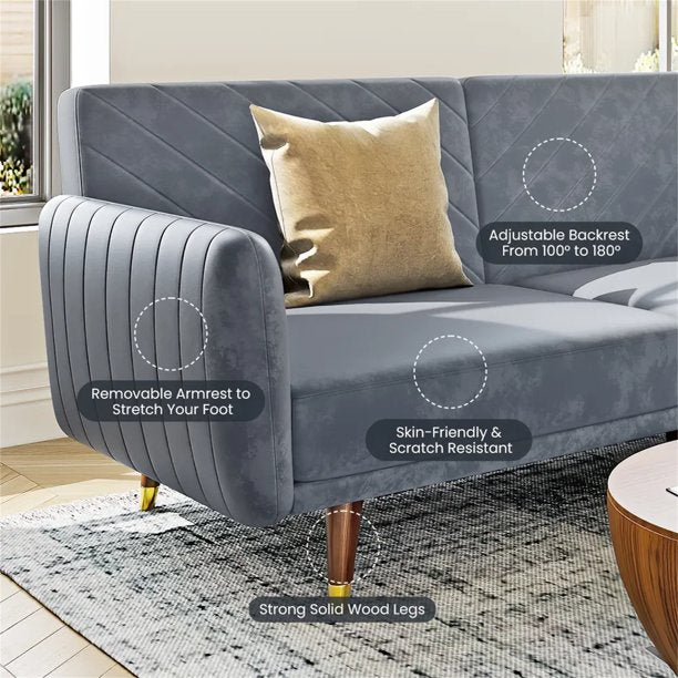 Vinmall Convertible Velvet Sofa Bed with Adjustable Backrest, Sleeper Sofa, 2-Seat Loveseat Couch, Grey