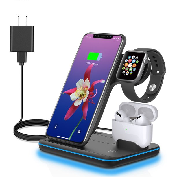 Rioicc Wireless Charger, 3 in 1 Qi-Certified Fast Wireless Charging Station Compatible Compatible with Apple Android, Black