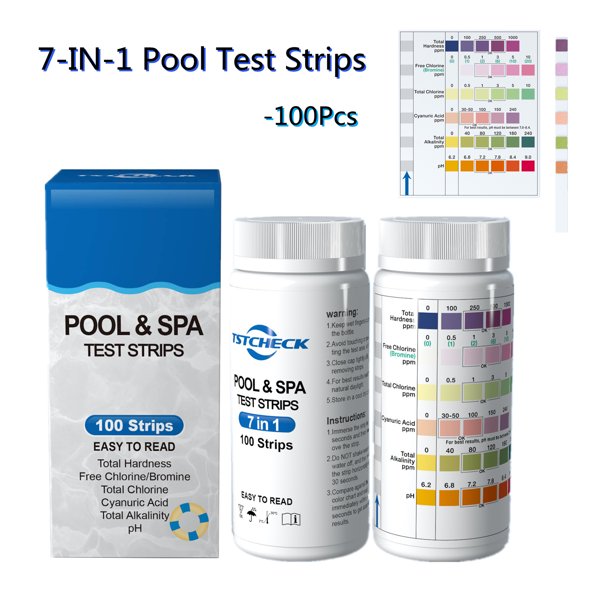 Vinmall Swimming Pool Test Strips, 7 in 1 Pool Shock Pool Hardness Chlorine Test Strips (100Pcs)