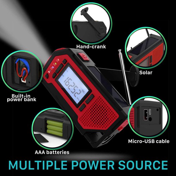 NOAA Emergency Weather Radio，Portable Solar Hand Crank AM/FM Radio 4 Power Sources Battery Powered with LED Flashlight LCD Screen SOS Alarm Survival for Outdoor Emergency，2000 mAh Power Bank