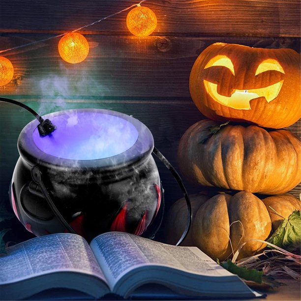 Halloween Witch Cauldron Pot with 12LEDs Color Changing Mist Maker Fog Machine Maker Fogger for Halloween Party Decor (Metal)