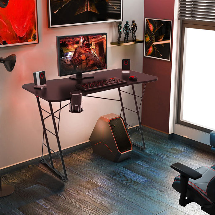 Z-Shaped Computer Desk Gaming Desk,with Monitor Stand & Carbon Fiber Surface,Gamer Table with RGB Lights, Cup Holder, Headphone Hook & Plug Board Holder for Office Home