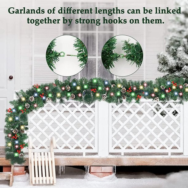 Vinmall Pre-lit Christmas Garland with LED Lights, Pinecones and Red Berries, 9 ft Lenth, 10 inch Width, 2pcs