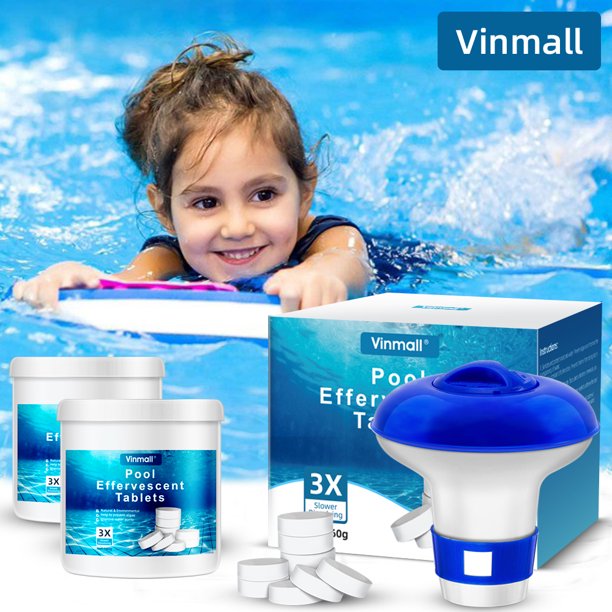 Vinmall 360 Pcs Pool Chlorine Tablets, Long Lasting Chlorine Tablets with 4 Inch Floating Chlorine Dispenser for Swimming Pool or Spa