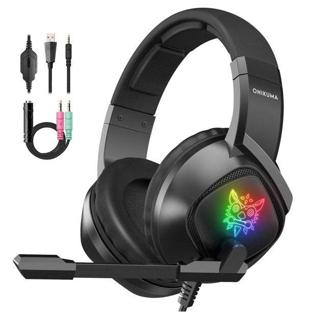 ONIKUMA K19 Gaming Headset, Noise-Canceling Over-Ear Headphones with Mic and LED, Surround Sound Stereo Wired Gaming Headset Compatible PS4, PS5, Xbox One, PC , Nintendo Switch