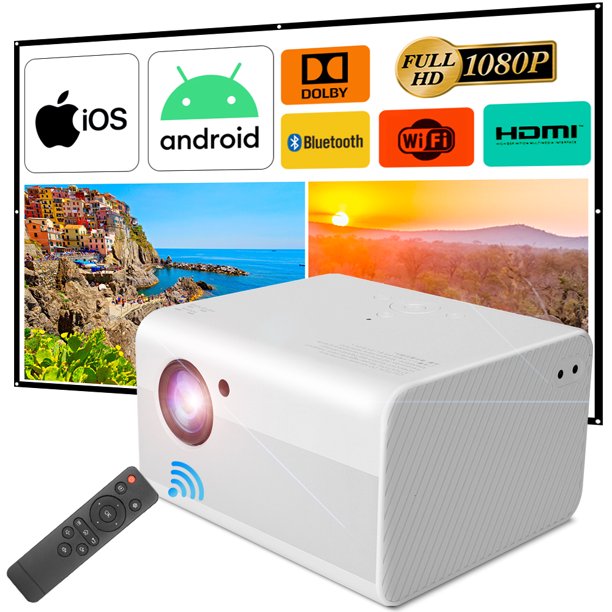 1080p Full HD Projector, Doosl Mini Video Projector with 120" Projector Screen Bluetooth WiFi Projector with Android System