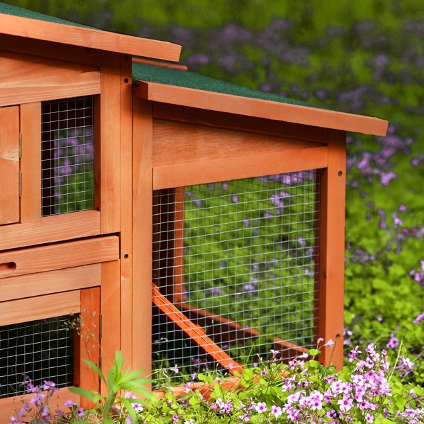 Vinmall 70 Inch Wood Rabbit Hutch Outdoor Pet House Chicken Coop for Small Animals with 2 Run Play Area ，S1