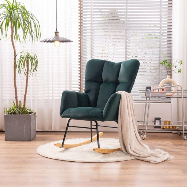 Vinmall Living Room Bedroom Mid Century Modern Velvet Tufted Upholstered Rocker Upholstered Seat for Living Room Bedroom, Green