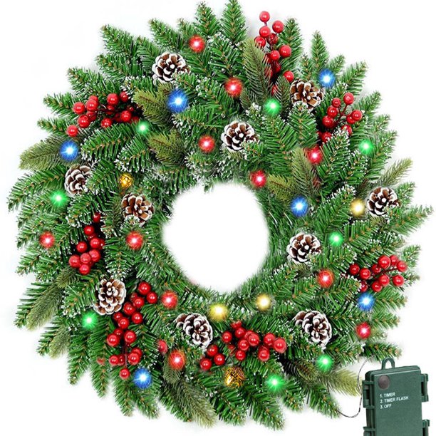 24 Inch Christmas Wreath, Outdoor Lighted Christmas Wreath for Front Door, Xmas Wreath for Holiday Christmas Party Decorations