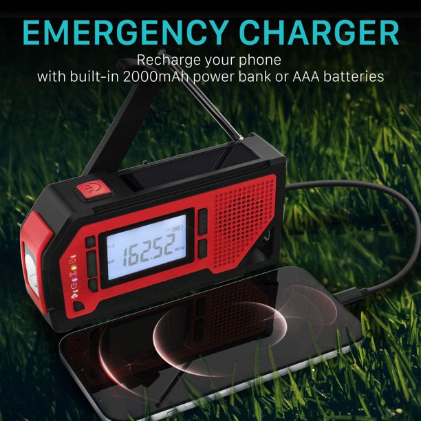 NOAA Emergency Weather Radio，Portable Solar Hand Crank AM/FM Radio 4 Power Sources Battery Powered with LED Flashlight LCD Screen SOS Alarm Survival for Outdoor Emergency，2000 mAh Power Bank