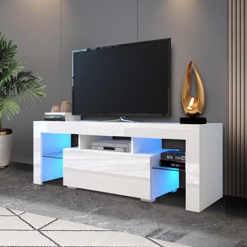 Entertainment TV Stand, Large TV Stand TV Base Stand with LED Light TV Cabinet-White