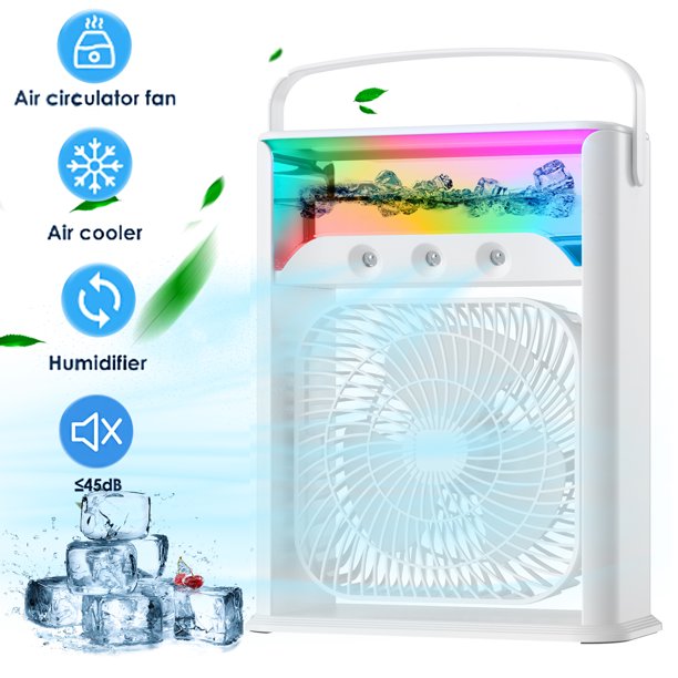 3-IN-1 Portable Air Cooler, USB Powered Desktop Cooling Fan, Personal Air Conditioner Fan w/ Night Light Modes, Evaporative Air Cooler for Small Room/Office/Camping