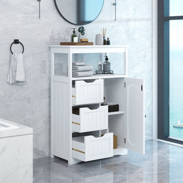 Vinmall White Bathroom Cabinet, Freestanding Multi-Functional Storage Cabinet with Door and 3 Drawers, MDF Board with Painted Finish