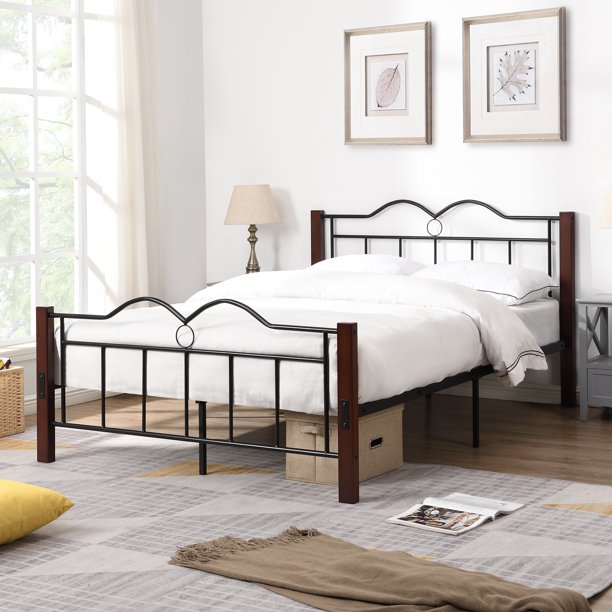 Full Size Platform Bed with Wood Feet, Metal Platform Bed Frame with Slat Support