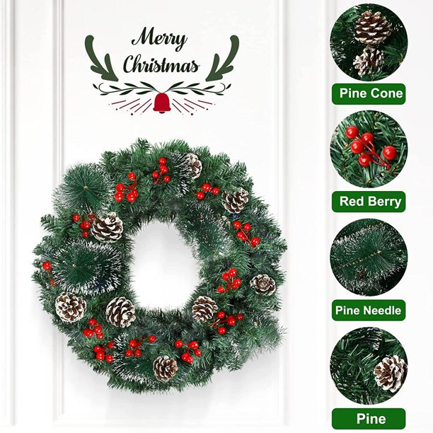 Vinmall Pre-lit Christmas Garland with LED Lights, Pinecones and Red Berries, 9 ft Lenth, 10 inch Width, 2pcs