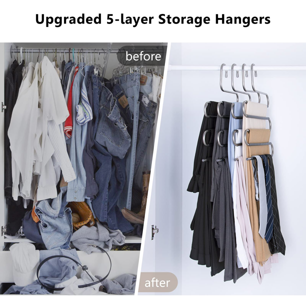 Pants Hangers Space Saving, 5 Tier Stainless Steel S-Shape Jeans Trousers Hangers, Greentro Closet Storage Organizer for Pants Jeans Scarf Hanging, 8 Pack