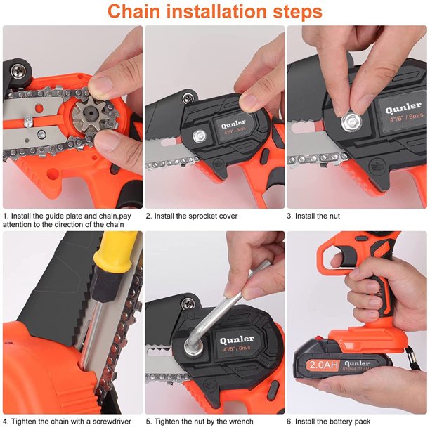 Qunler Mini Chainsaw 6 inches Cordless, Handheld Electric Chain Saw with 2 Battery for Wood Cutting Tree Trimming, Orange