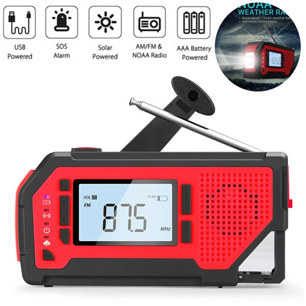 NOAA Emergency Weather Radio，Portable Solar Hand Crank AM/FM Radio 4 Power Sources Battery Powered with LED Flashlight LCD Screen SOS Alarm Survival for Outdoor Emergency，2000 mAh Power Bank