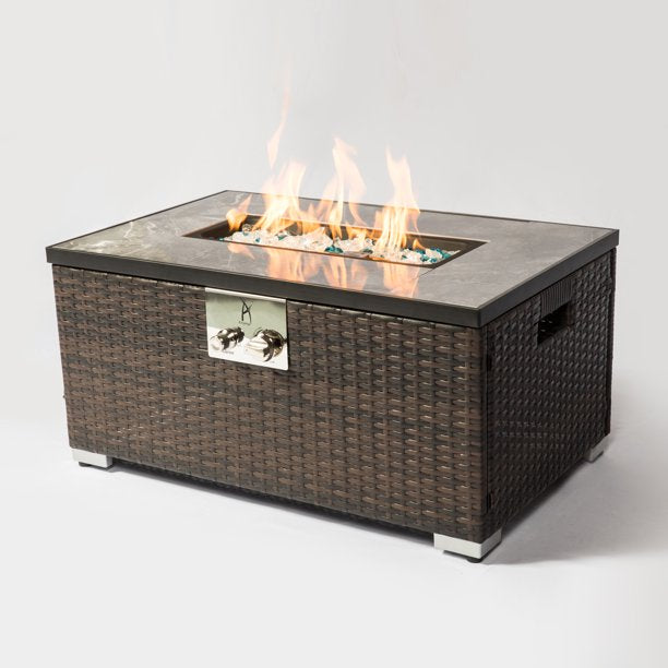 50,000 BTU Propane Fire Pit Table, 32" X 20" Rattan Gas Fire Pit Table, Brown