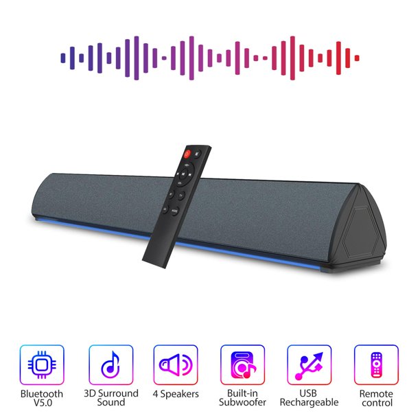 Doosl Sound Bar, Bluetooth TV Speaker with Karaoke Microphone & Remote, 4 Built-in Subwoofers, TF Play, FM Radio, Rechargeable, 20W Wireless Soundbar for TV Home