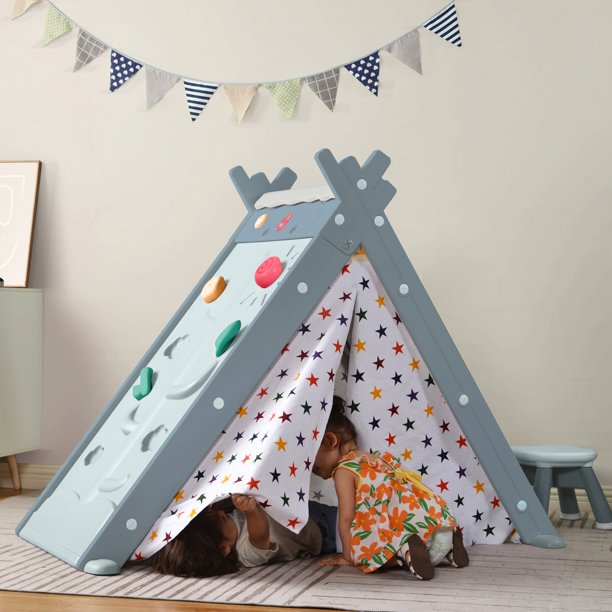 Kids Play Tent - 4 in 1 Teepee Tent with Stool and Climber, Foldable Playhouse Tent for Boys & Girls, Blue