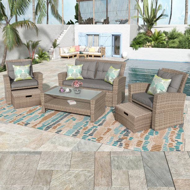 Vinmall Patio Furniture Set, 4 Piece Outdoor Conversation Set All Weather Wicker Sectional Sofa with Ottoman and Cushions , Gray